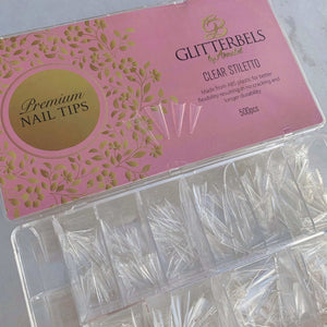 500 box Stiletto Clear Glitterbels nail tips